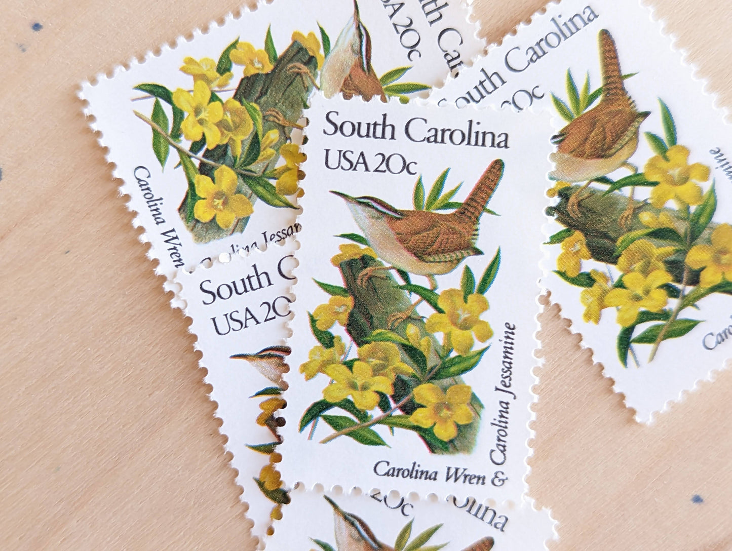 South Carolina State Stamp, Set of 5, Vintage Unused USPS 20 Cent Postage Stamps, State Bird and Flower, 1982, Gummed