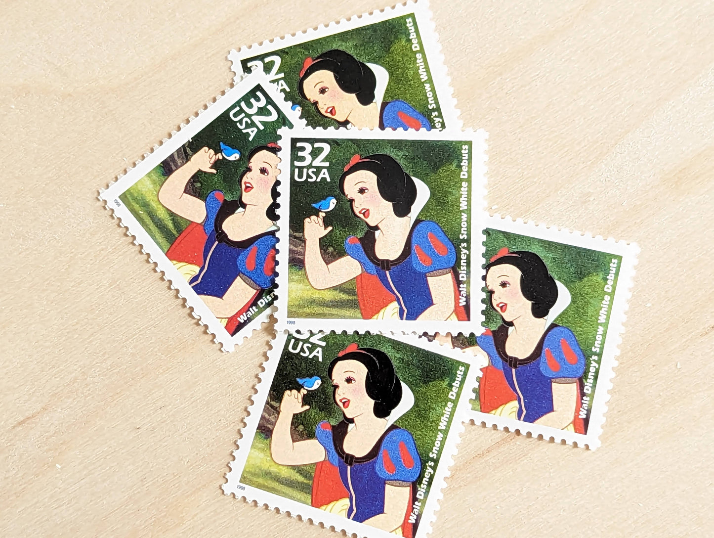 Snow White and The Seven Dwarfs stamps, Set of 5, Vintage Unused USPS 32 Cent Postage Stamps, 1930s Celebrate the Century Stamps 1998, Gummed
