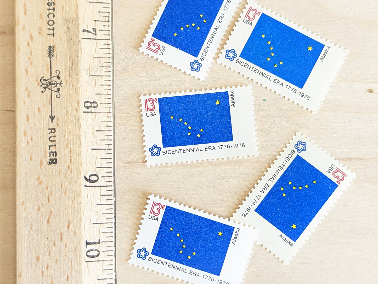 Alaska State Flag Stamps, Set of 10, Vintage Unused USPS 13 Cent Postage Stamps, State Flag Stamps 1976, Gummed