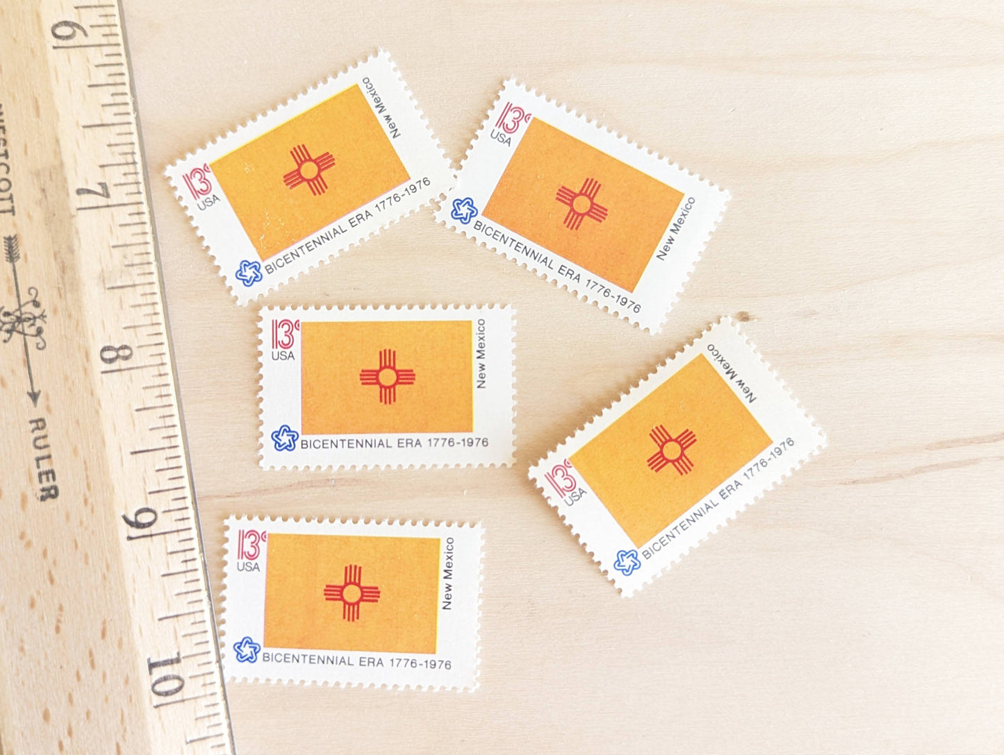New Mexico State Flag Stamps, Set of 10, Vintage Unused USPS 13 Cent Postage Stamps, State Flag Stamps 1976, Gummed