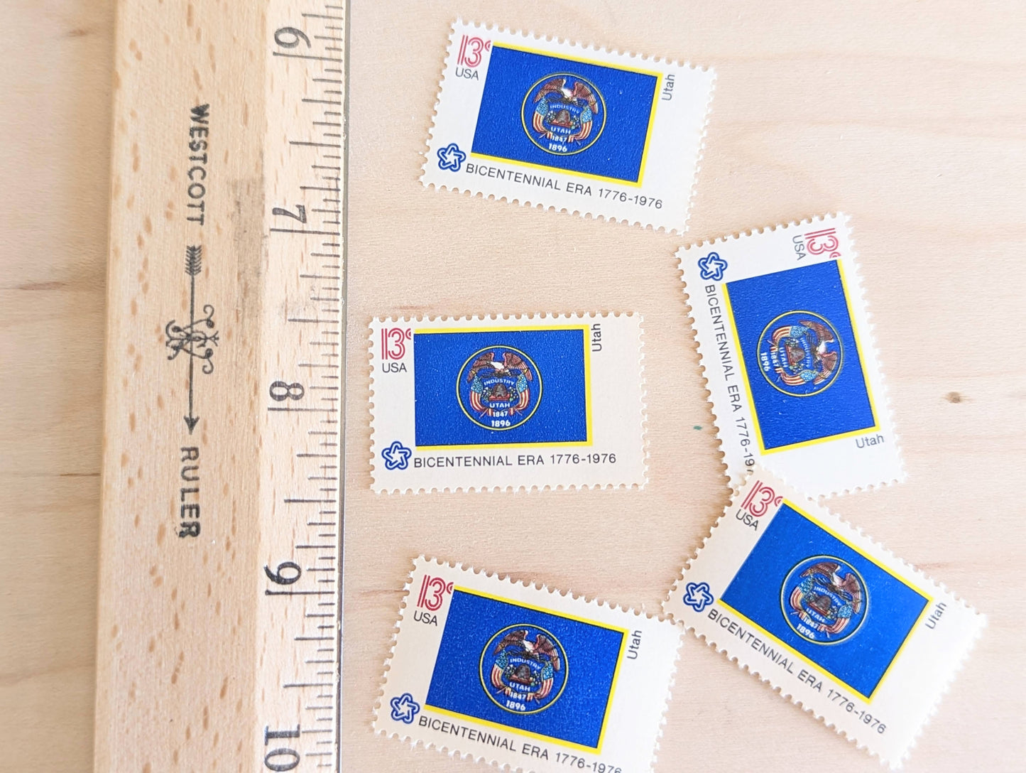 Utah State Flag Stamps, Set of 10, Vintage Unused USPS 13 Cent Postage Stamps, State Flag Stamps 1976, Gummed