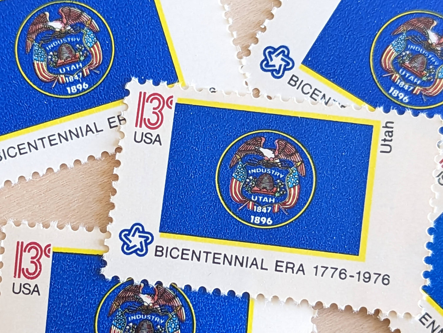 Utah State Flag Stamps, Set of 10, Vintage Unused USPS 13 Cent Postage Stamps, State Flag Stamps 1976, Gummed