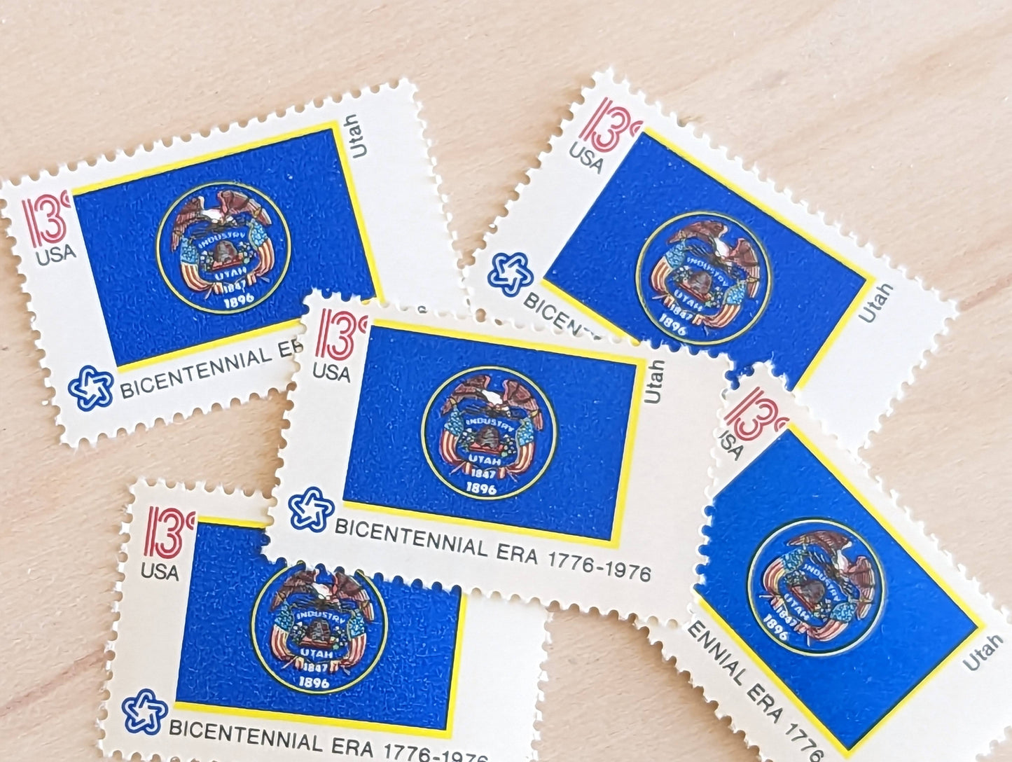 Utah State Flag Stamps, Set of 10, Vintage Unused USPS 13 Cent Postage Stamps, State Flag Stamps 1976, Gummed