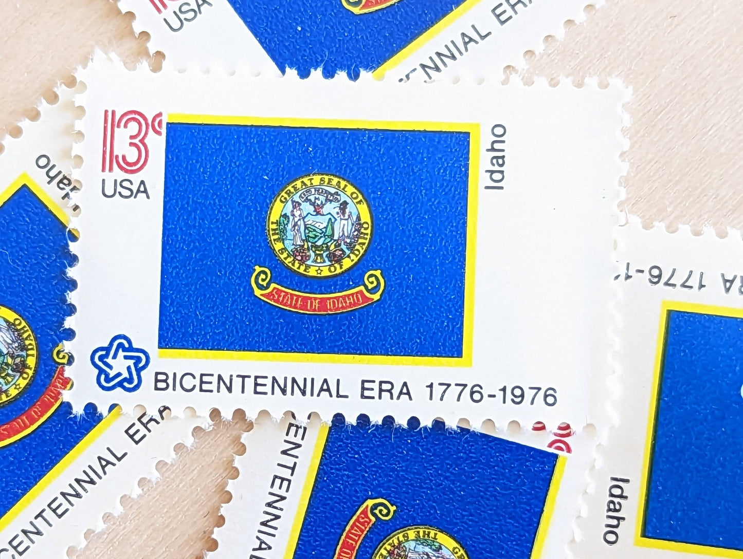 Idaho State Flag Stamps, Set of 10, Vintage Unused USPS 13 Cent Postage Stamps, State Flag Stamps 1976, Gummed