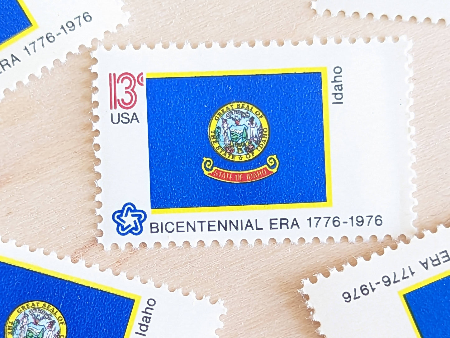 Idaho State Flag Stamps, Set of 10, Vintage Unused USPS 13 Cent Postage Stamps, State Flag Stamps 1976, Gummed