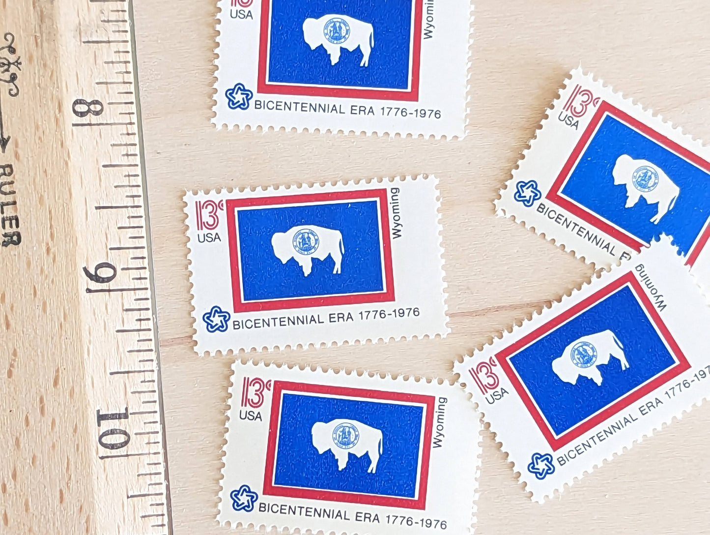 Wyoming State Flag Stamps, Set of 10, Vintage Unused USPS 13 Cent Postage Stamps, State Flag Stamps 1976, Gummed