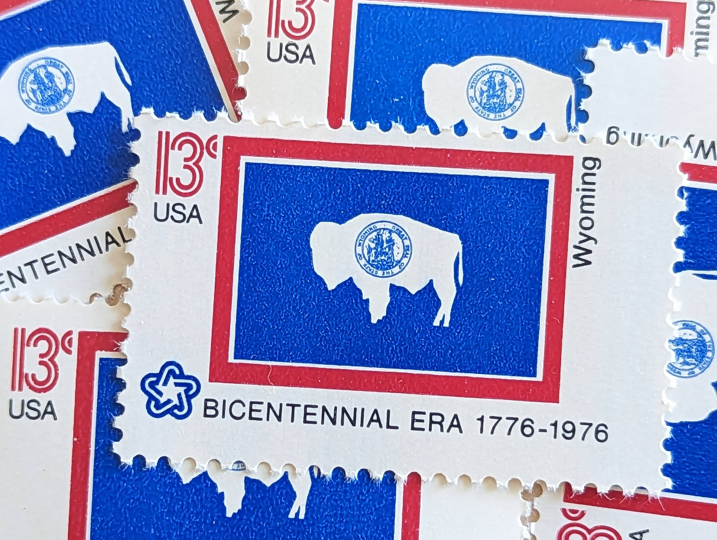 Wyoming State Flag Stamps, Set of 10, Vintage Unused USPS 13 Cent Postage Stamps, State Flag Stamps 1976, Gummed