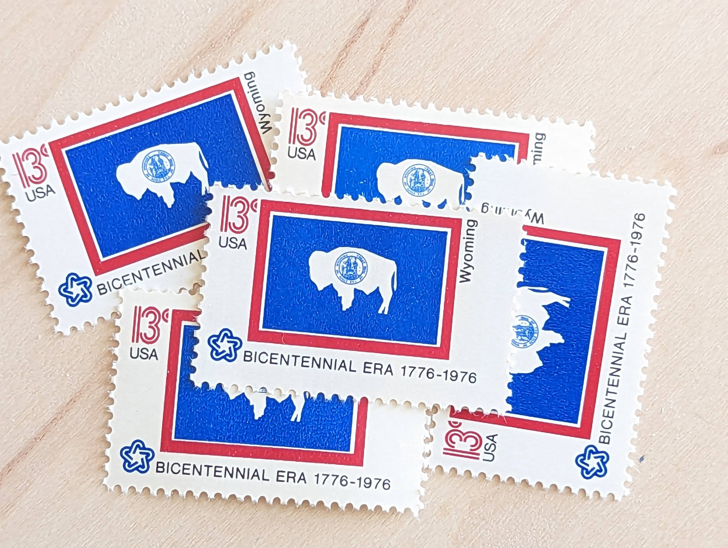 Wyoming State Flag Stamps, Set of 10, Vintage Unused USPS 13 Cent Postage Stamps, State Flag Stamps 1976, Gummed