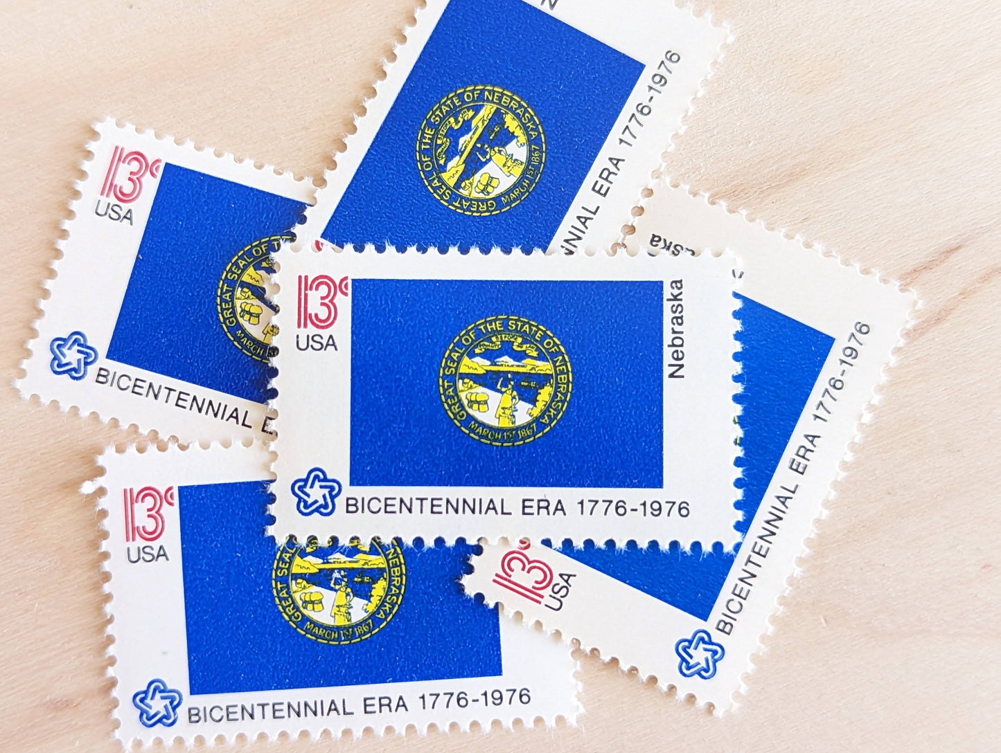Nebraska State Flag Stamps, Set of 10, Vintage Unused USPS 13 Cent Postage Stamps, State Flag Stamps 1976, Gummed