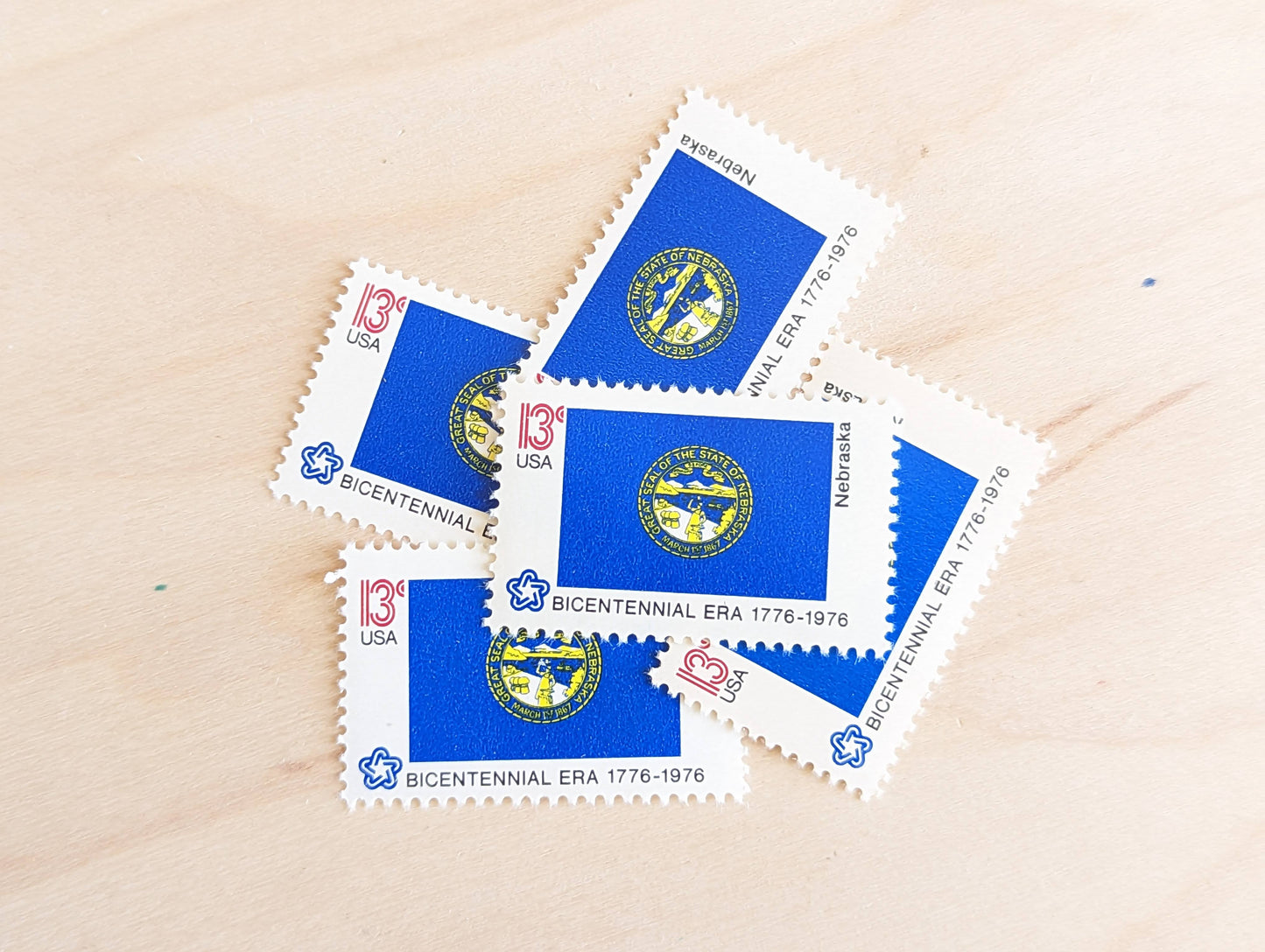 Nebraska State Flag Stamps, Set of 10, Vintage Unused USPS 13 Cent Postage Stamps, State Flag Stamps 1976, Gummed