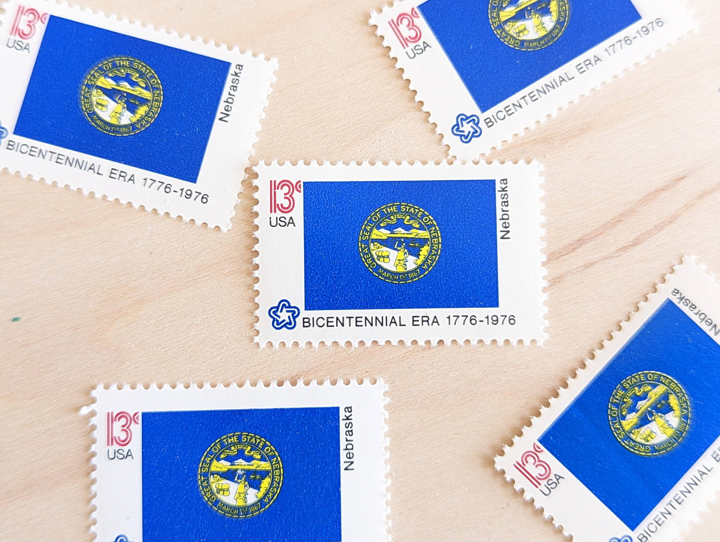 Nebraska State Flag Stamps, Set of 10, Vintage Unused USPS 13 Cent Postage Stamps, State Flag Stamps 1976, Gummed