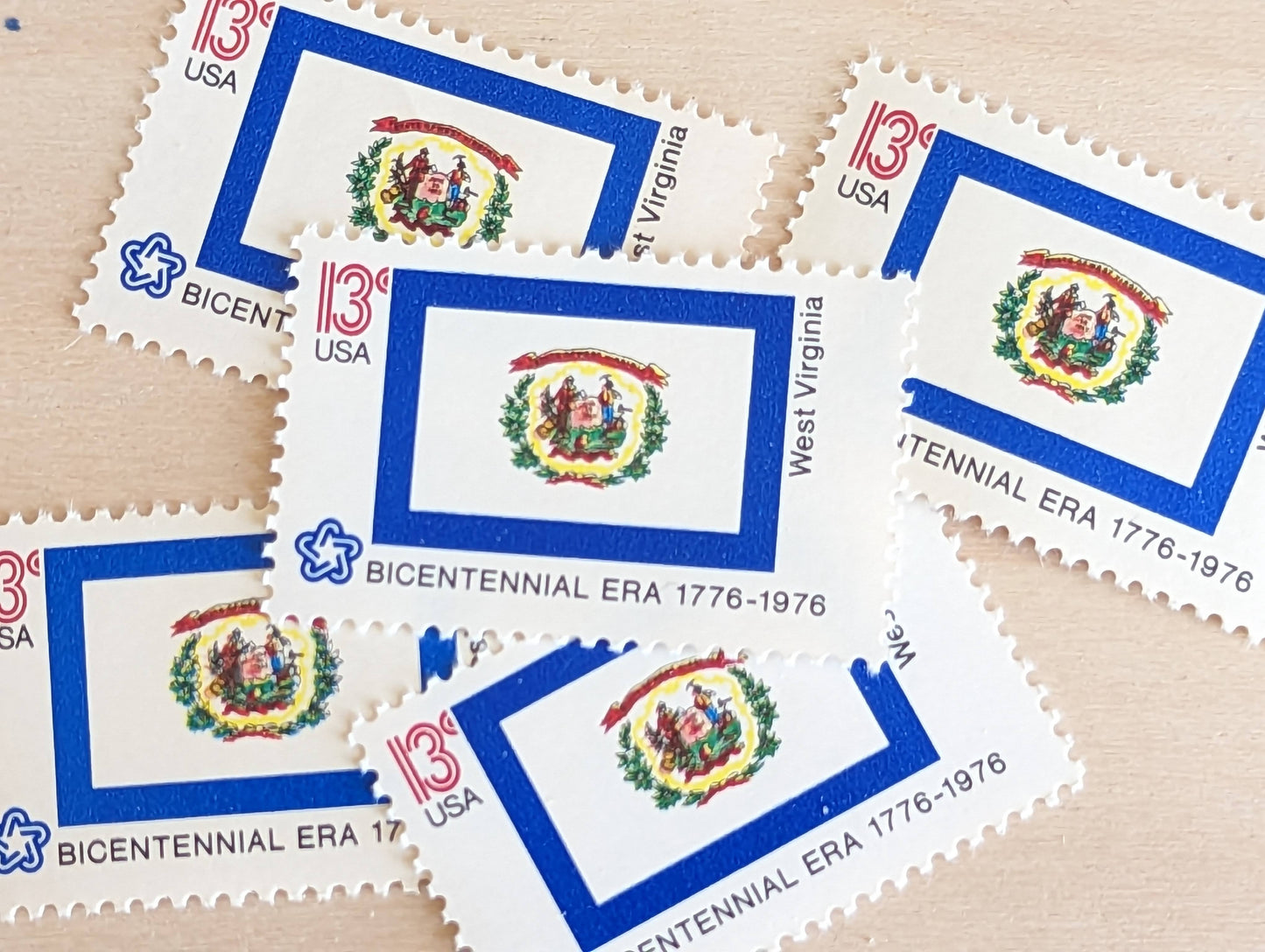 West Virginia State Flag Stamps, Set of 10, Vintage Unused USPS 13 Cent Postage Stamps, State Flag Stamps 1976, Gummed