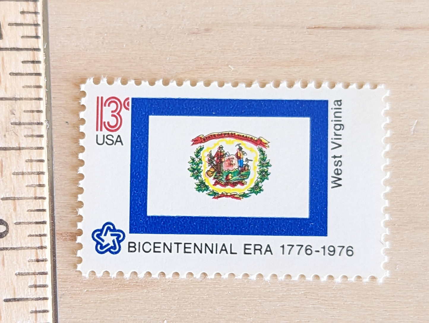 West Virginia State Flag Stamps, Set of 10, Vintage Unused USPS 13 Cent Postage Stamps, State Flag Stamps 1976, Gummed
