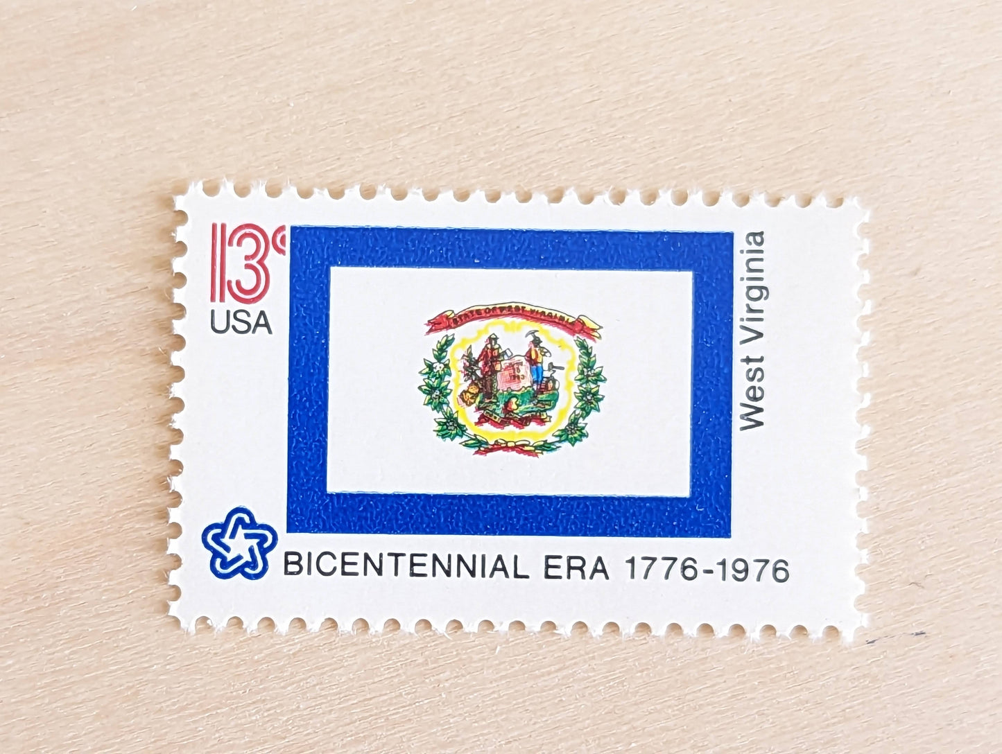 West Virginia State Flag Stamps, Set of 10, Vintage Unused USPS 13 Cent Postage Stamps, State Flag Stamps 1976, Gummed