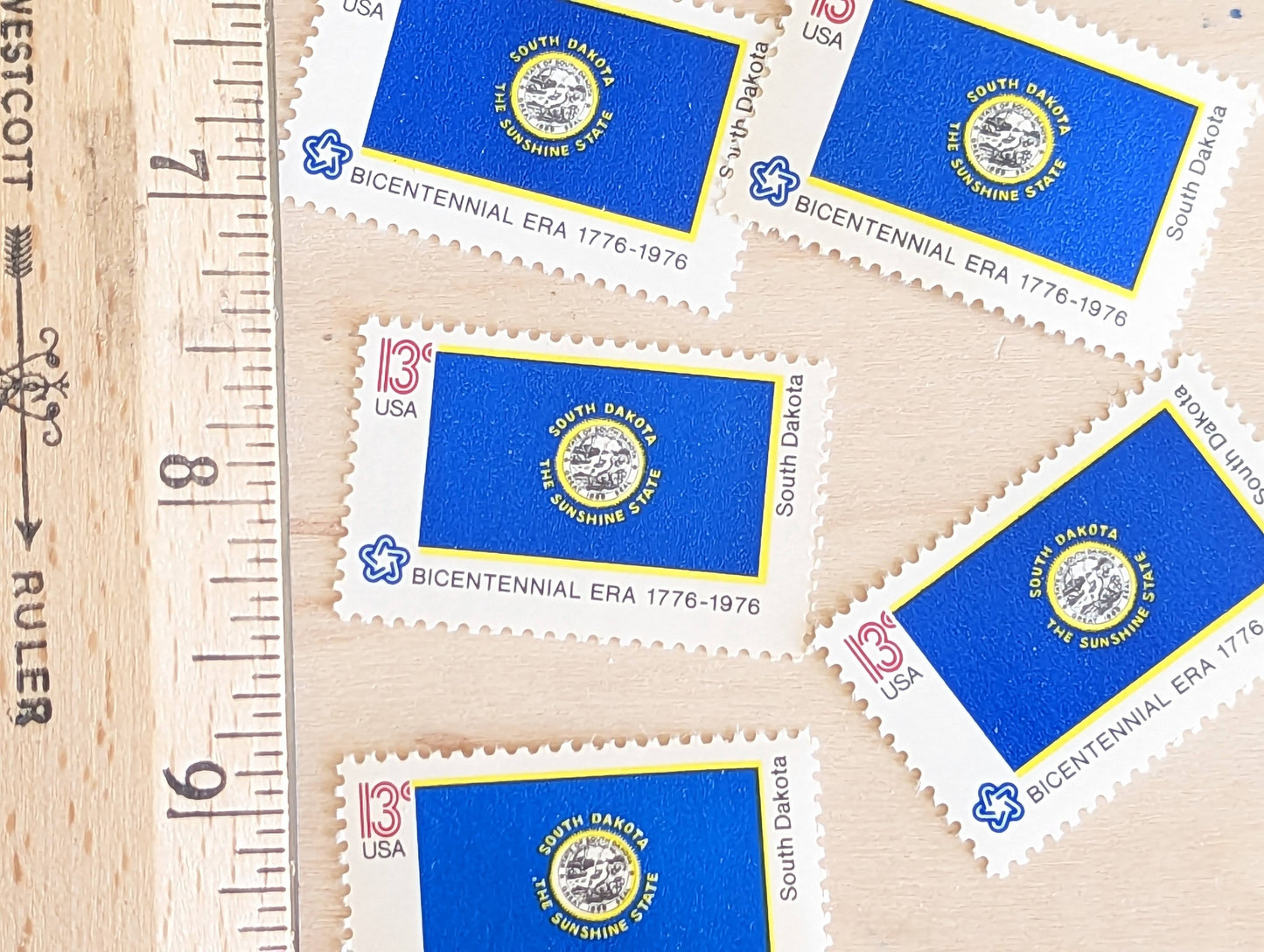 South Dakota State Flag Stamps, Set of 10, Vintage Unused USPS 13 Cent Postage Stamps, State Flag Stamps 1976, Gummed