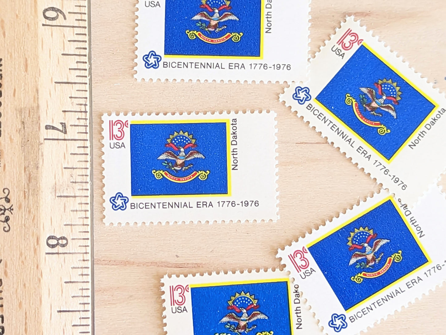 North Dakota State Flag Stamps, Set of 10, Vintage Unused USPS 13 Cent Postage Stamps, State Flag Stamps 1976, Gummed