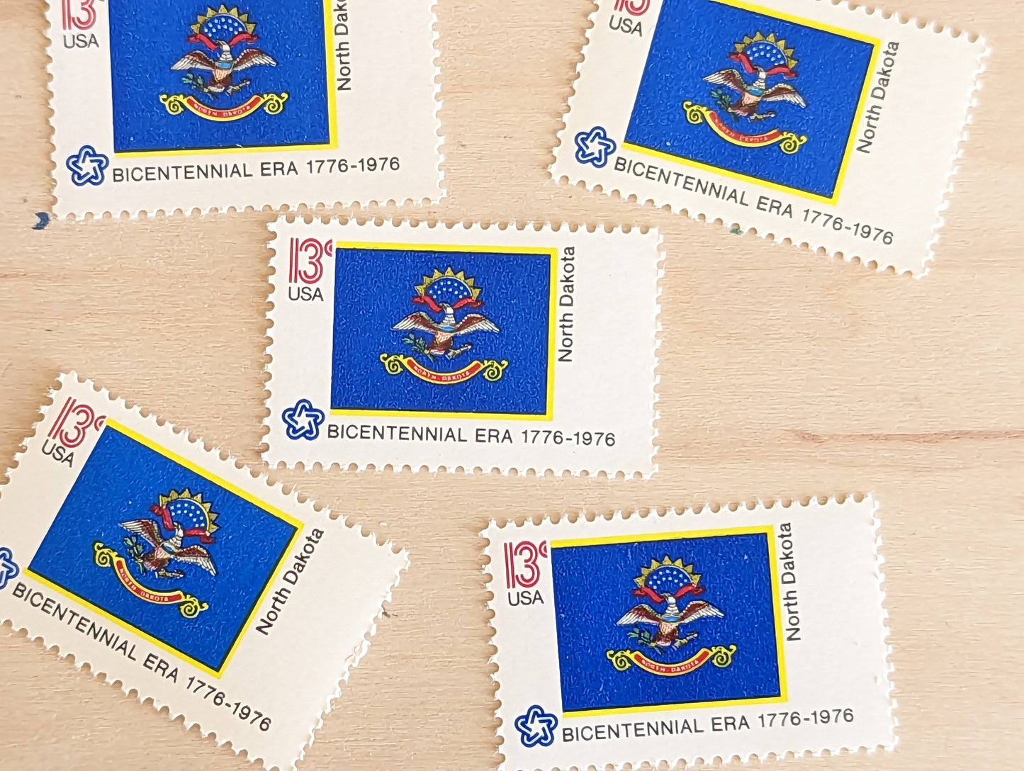 North Dakota State Flag Stamps, Set of 10, Vintage Unused USPS 13 Cent Postage Stamps, State Flag Stamps 1976, Gummed