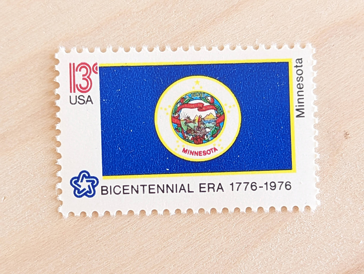 Minnesota State Flag Stamps, Set of 10, Vintage Unused USPS 13 Cent Postage Stamps, State Flag Stamps 1976, Gummed