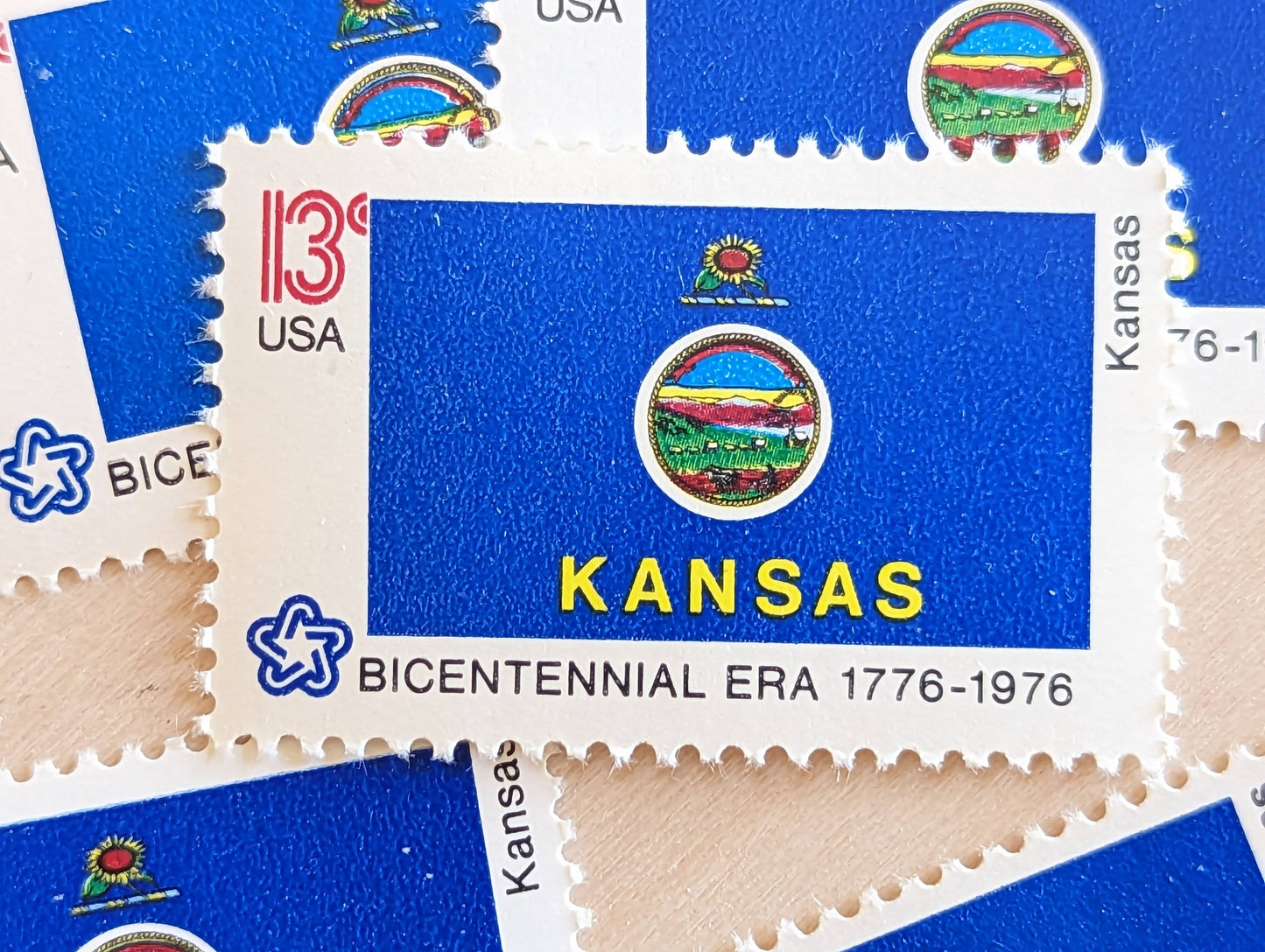 Kansas State Flag Stamps, Set of 10, Vintage Unused USPS 13 Cent Postage Stamps, State Flag Stamps 1976, Gummed