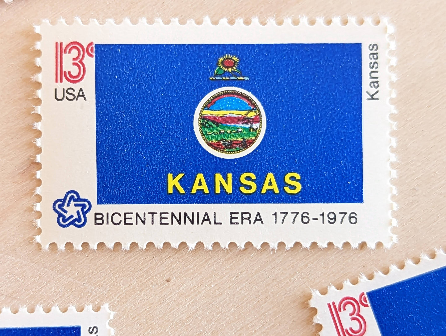 Kansas State Flag Stamps, Set of 10, Vintage Unused USPS 13 Cent Postage Stamps, State Flag Stamps 1976, Gummed