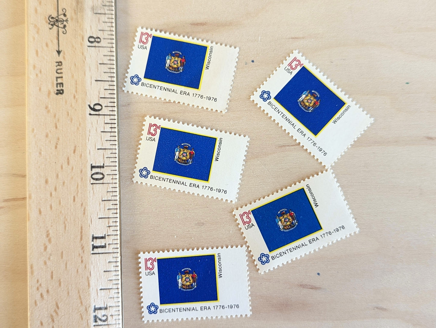 Wisconsin State Flag Stamps, Set of 10, Vintage Unused USPS 13 Cent Postage Stamps, State Flag Stamps 1976, Gummed