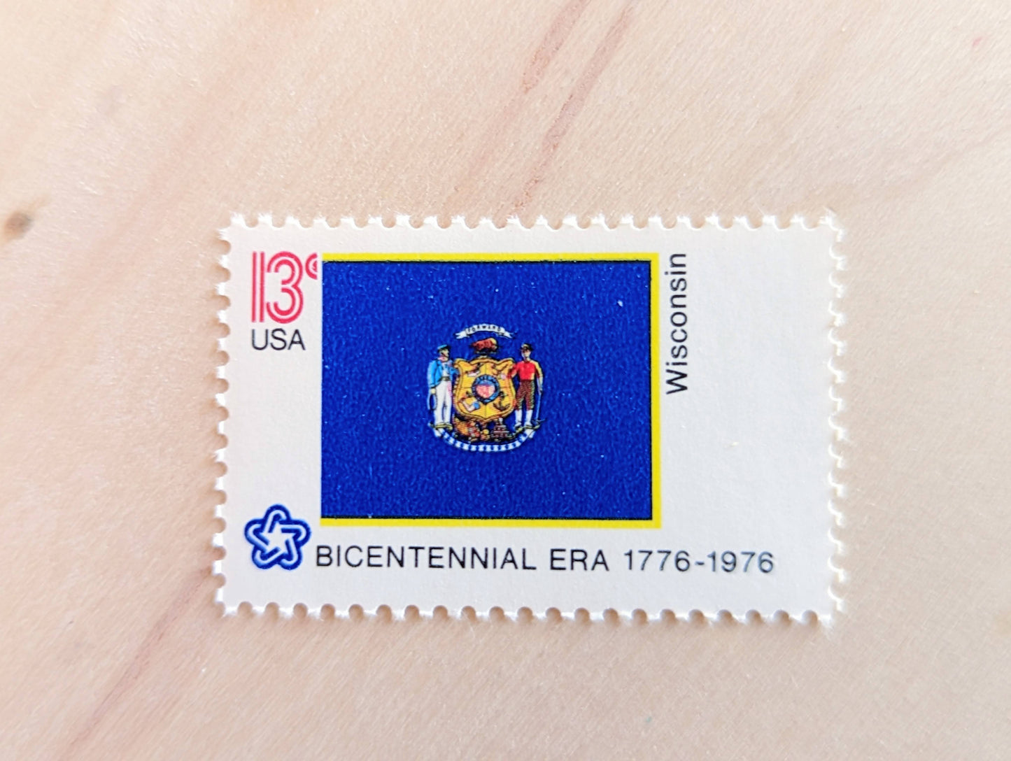 Wisconsin State Flag Stamps, Set of 10, Vintage Unused USPS 13 Cent Postage Stamps, State Flag Stamps 1976, Gummed