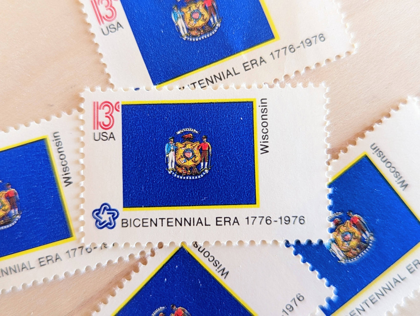 Wisconsin State Flag Stamps, Set of 10, Vintage Unused USPS 13 Cent Postage Stamps, State Flag Stamps 1976, Gummed