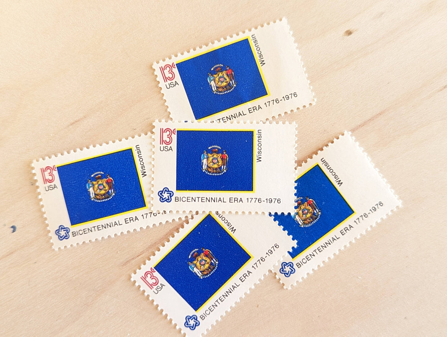 Wisconsin State Flag Stamps, Set of 10, Vintage Unused USPS 13 Cent Postage Stamps, State Flag Stamps 1976, Gummed