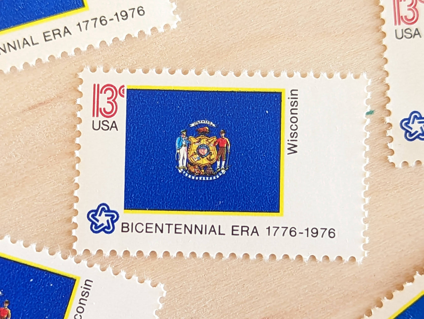Wisconsin State Flag Stamps, Set of 10, Vintage Unused USPS 13 Cent Postage Stamps, State Flag Stamps 1976, Gummed