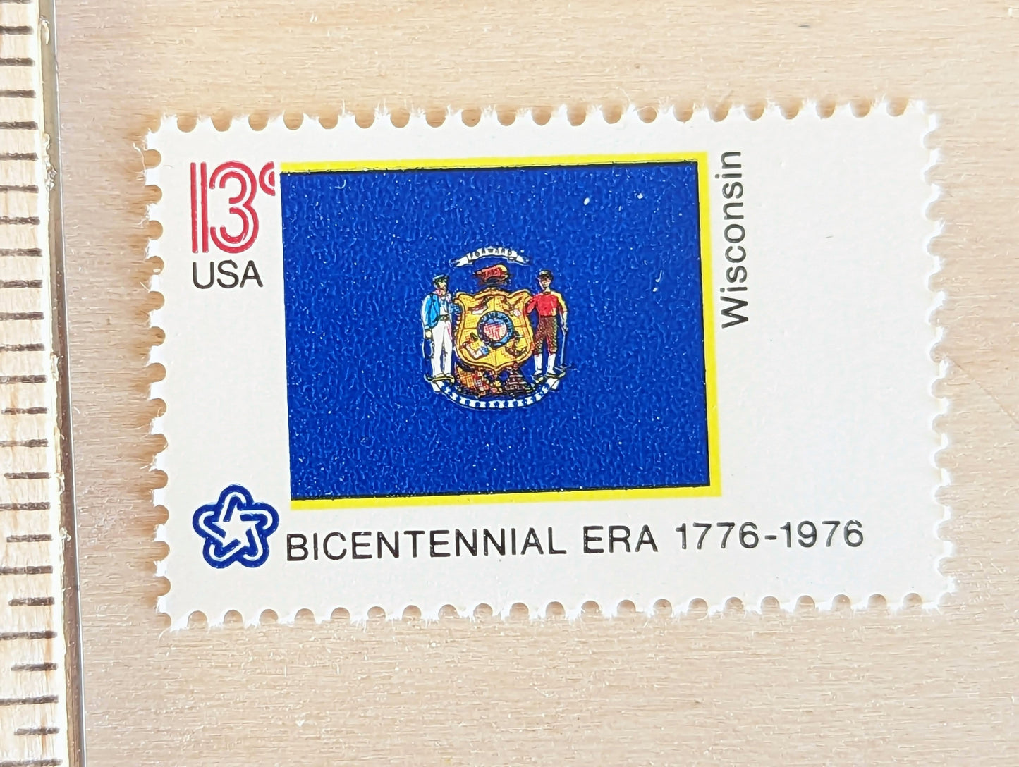 Wisconsin State Flag Stamps, Set of 10, Vintage Unused USPS 13 Cent Postage Stamps, State Flag Stamps 1976, Gummed