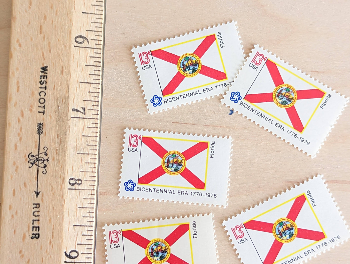 Florida State Flag, Set of 10, Vintage Unused USPS 13 Cent Postage Stamps, State Flags 1976, Gummed