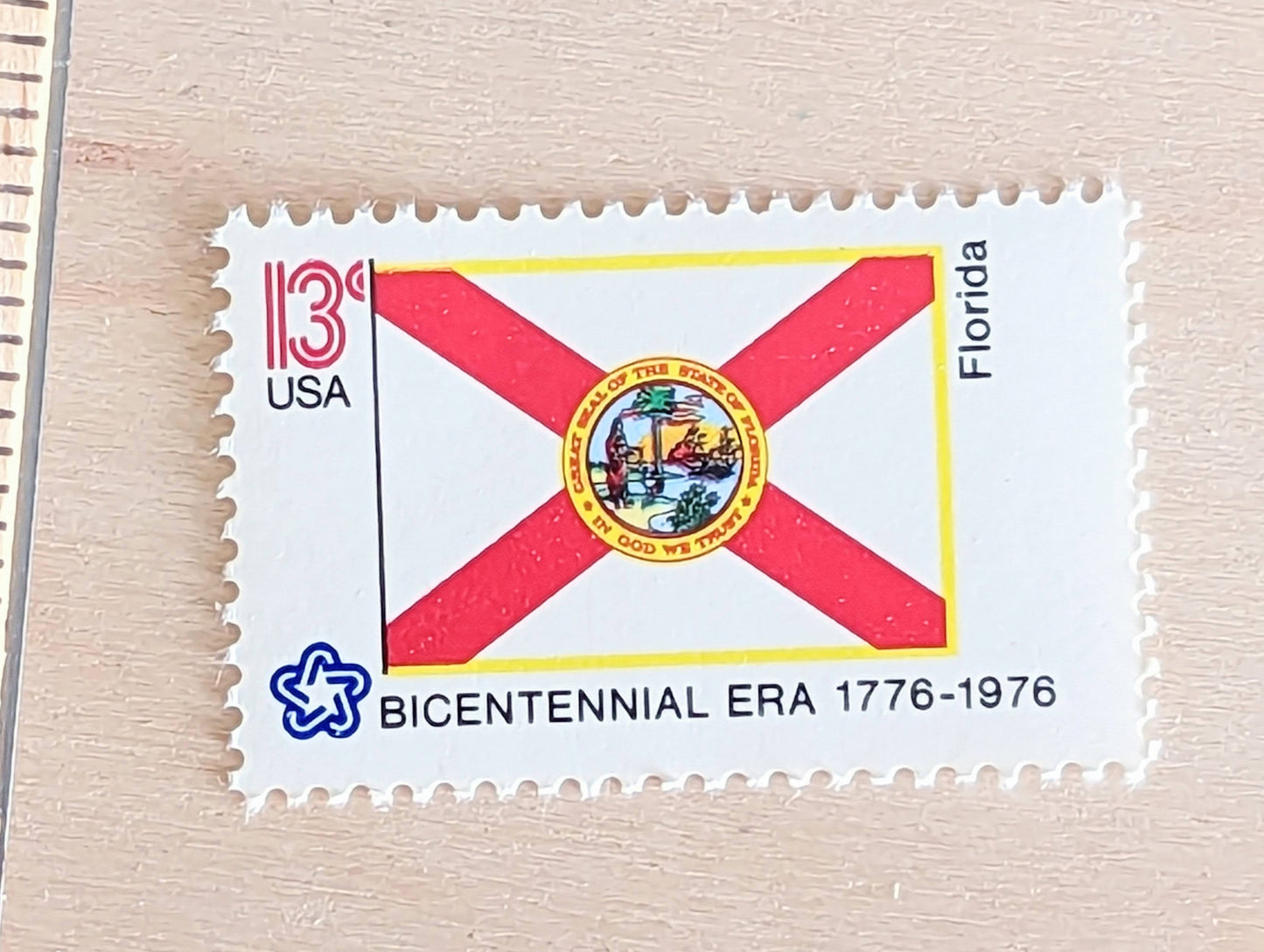 Florida State Flag, Set of 10, Vintage Unused USPS 13 Cent Postage Stamps, State Flags 1976, Gummed