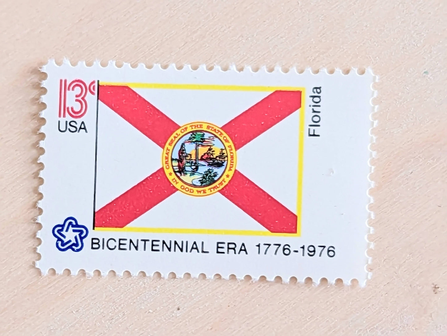 Florida State Flag, Set of 10, Vintage Unused USPS 13 Cent Postage Stamps, State Flags 1976, Gummed