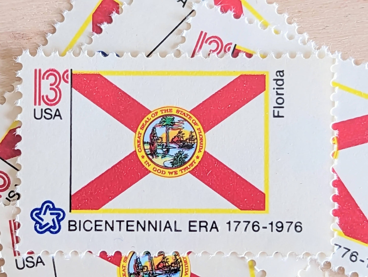 Florida State Flag, Set of 10, Vintage Unused USPS 13 Cent Postage Stamps, State Flags 1976, Gummed
