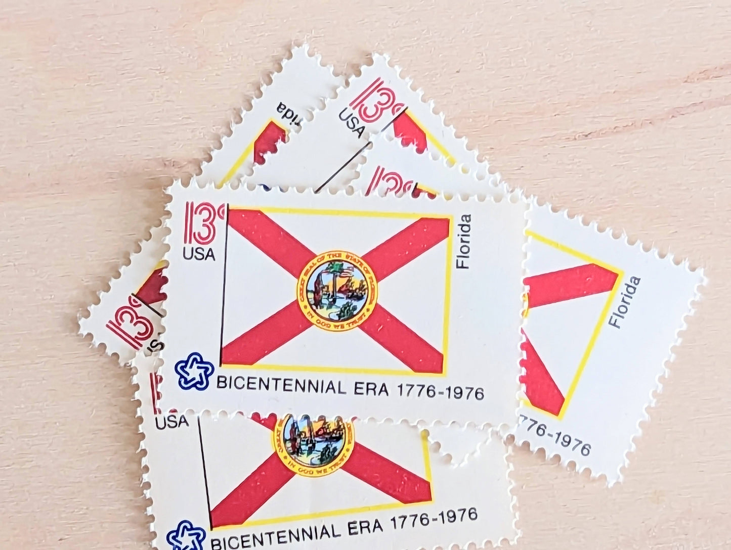Florida State Flag, Set of 10, Vintage Unused USPS 13 Cent Postage Stamps, State Flags 1976, Gummed