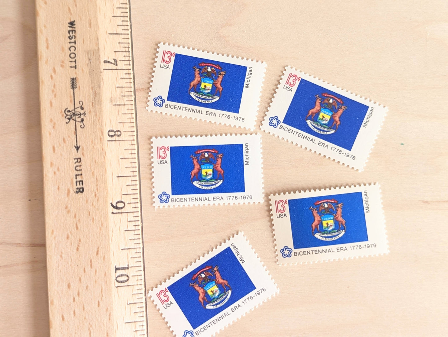 Michigan State Flag, Set of 10, Vintage Unused USPS 13 Cent Postage Stamps, State Flags 1976, Gummed