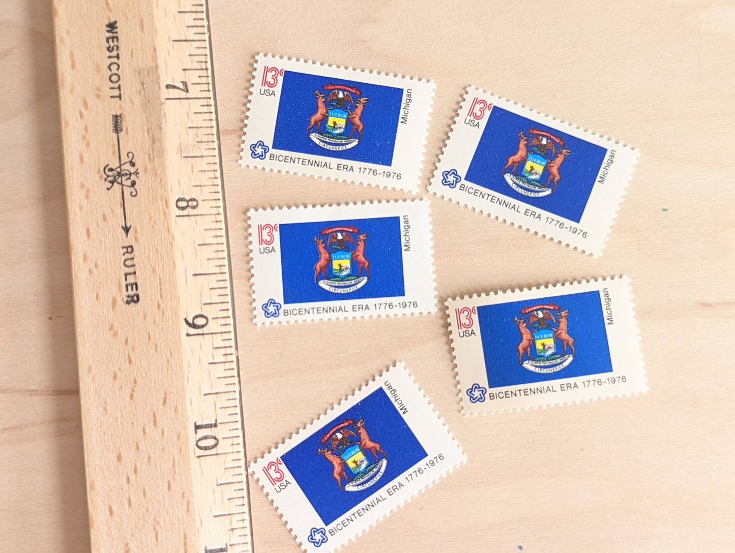 Michigan State Flag, Set of 10, Vintage Unused USPS 13 Cent Postage Stamps, State Flags 1976, Gummed