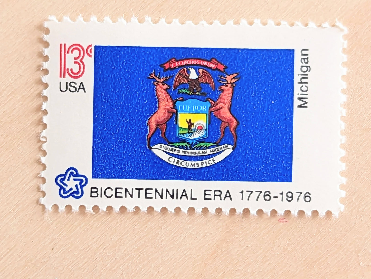 Michigan State Flag, Set of 10, Vintage Unused USPS 13 Cent Postage Stamps, State Flags 1976, Gummed