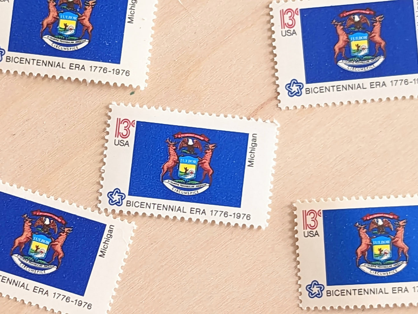 Michigan State Flag, Set of 10, Vintage Unused USPS 13 Cent Postage Stamps, State Flags 1976, Gummed