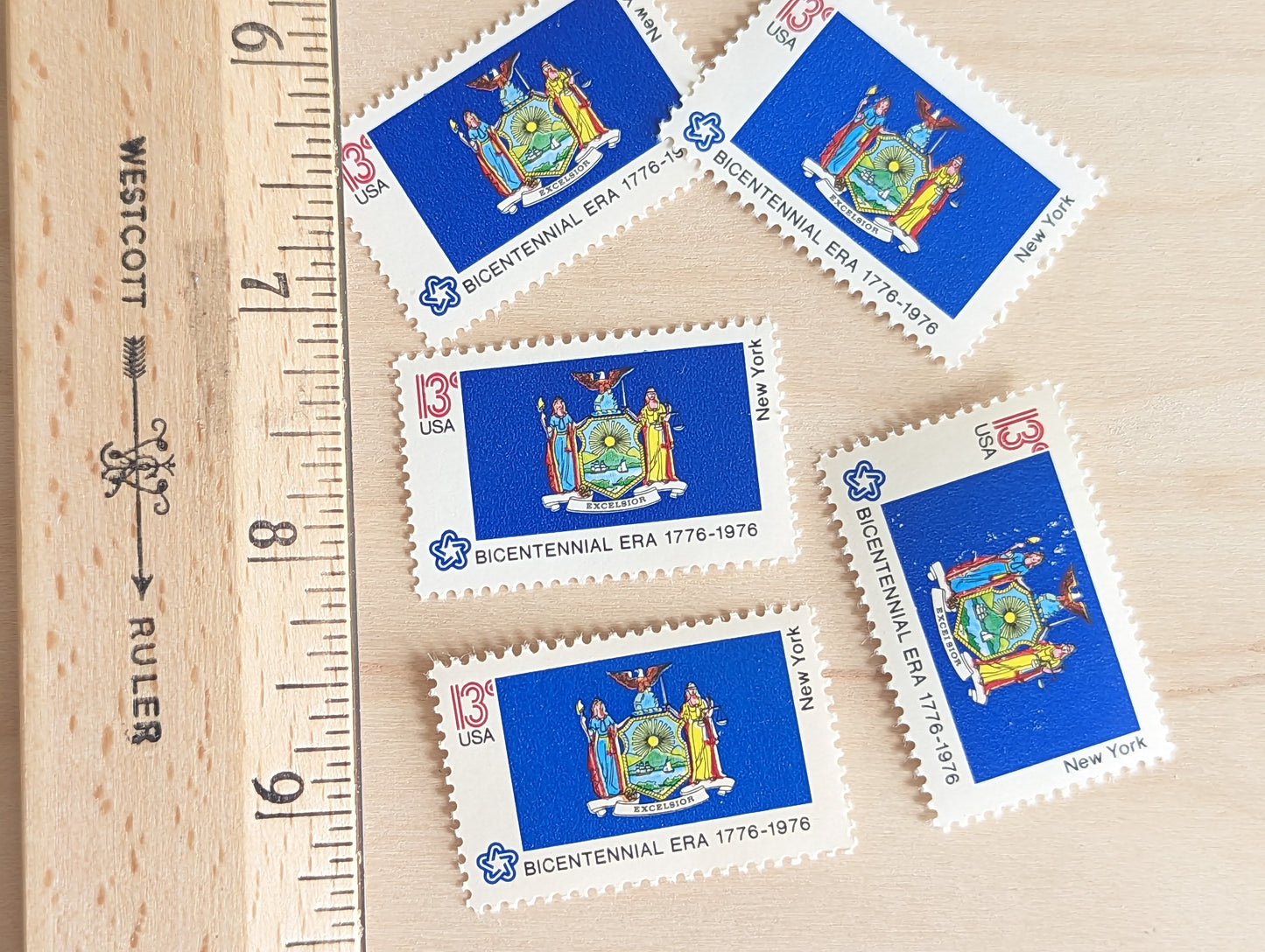 New York State Flag, Set of 10, Vintage Unused USPS 13 Cent Postage Stamps, State Flags 1976, Gummed