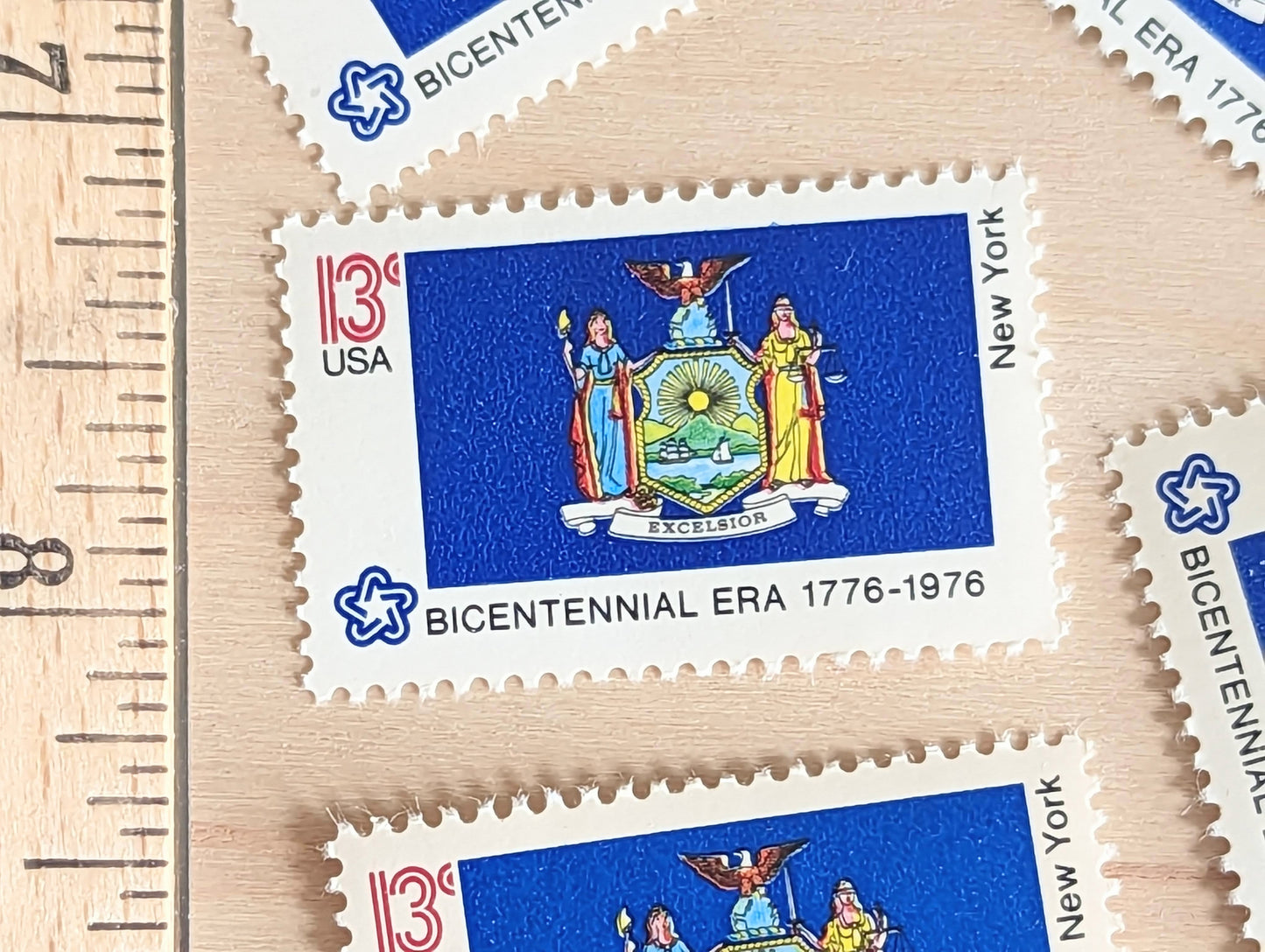 New York State Flag, Set of 10, Vintage Unused USPS 13 Cent Postage Stamps, State Flags 1976, Gummed
