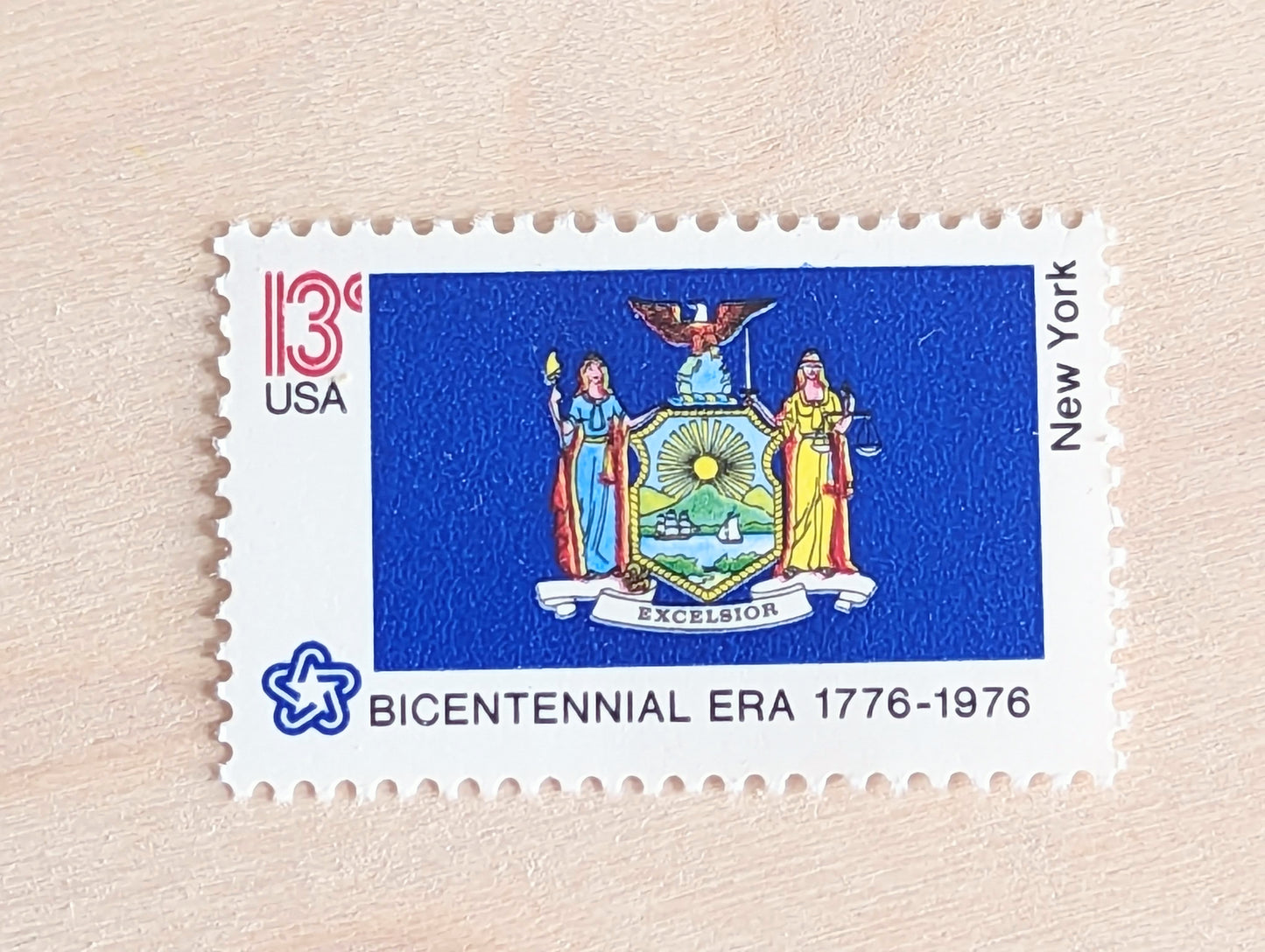 New York State Flag, Set of 10, Vintage Unused USPS 13 Cent Postage Stamps, State Flags 1976, Gummed
