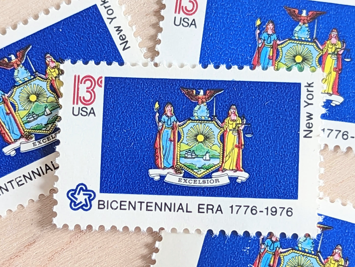New York State Flag, Set of 10, Vintage Unused USPS 13 Cent Postage Stamps, State Flags 1976, Gummed