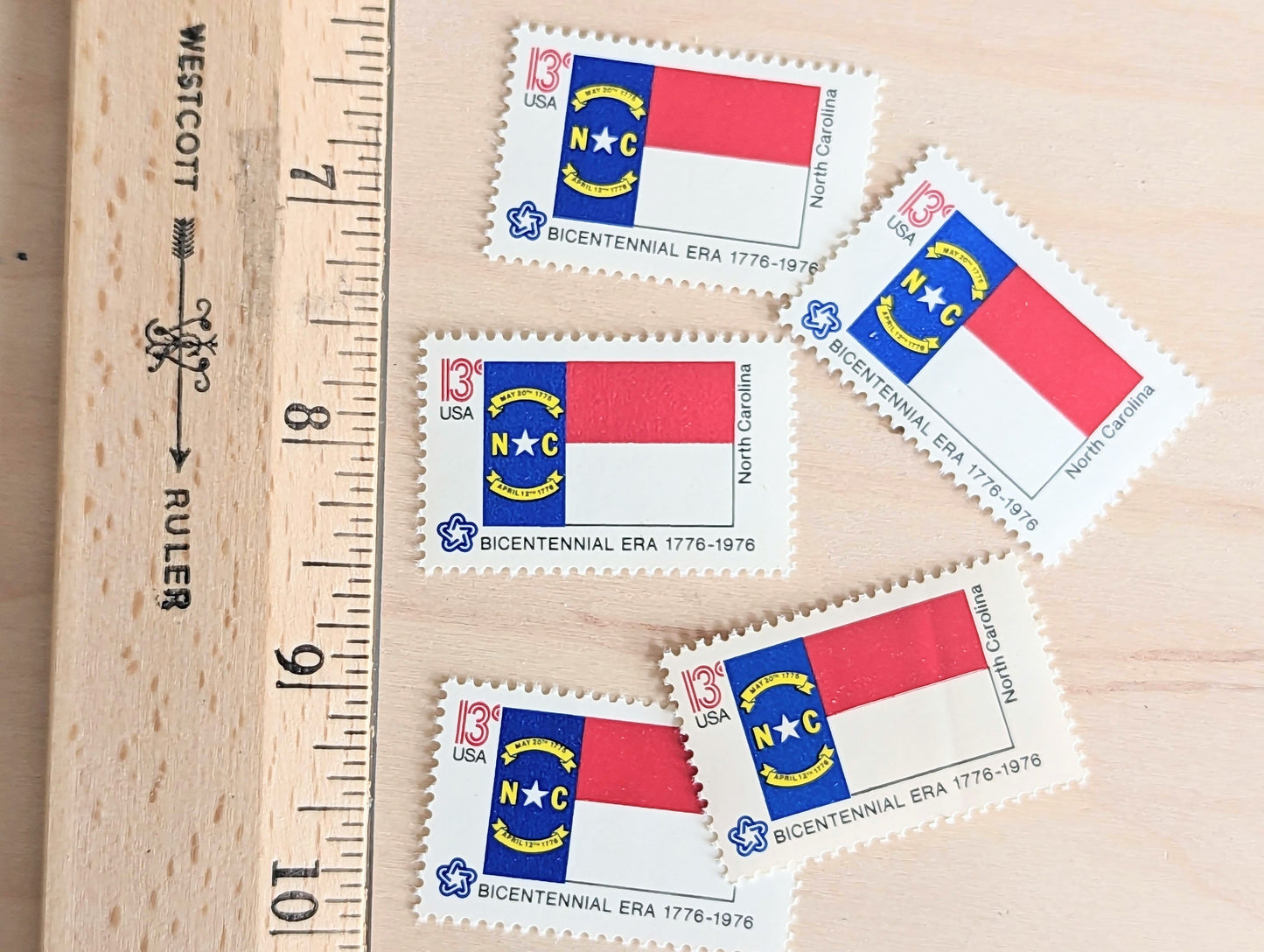 North Carolina State Flag, Set of 10, Vintage Unused USPS 13 Cent Postage Stamps, State Flags 1976, Gummed