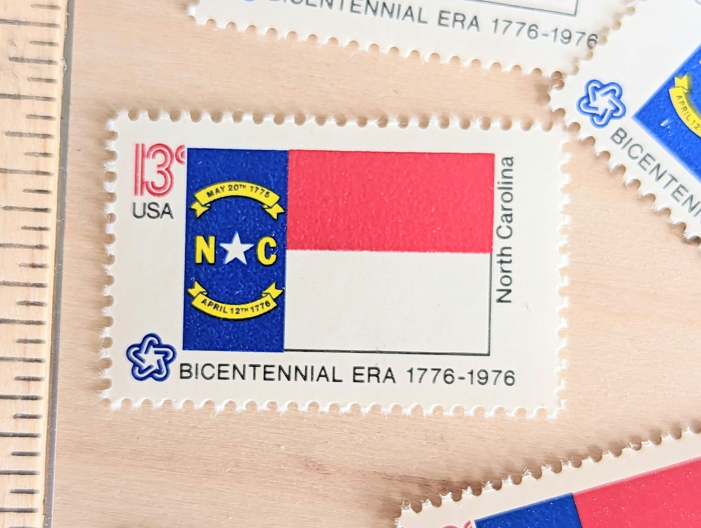 North Carolina State Flag, Set of 10, Vintage Unused USPS 13 Cent Postage Stamps, State Flags 1976, Gummed