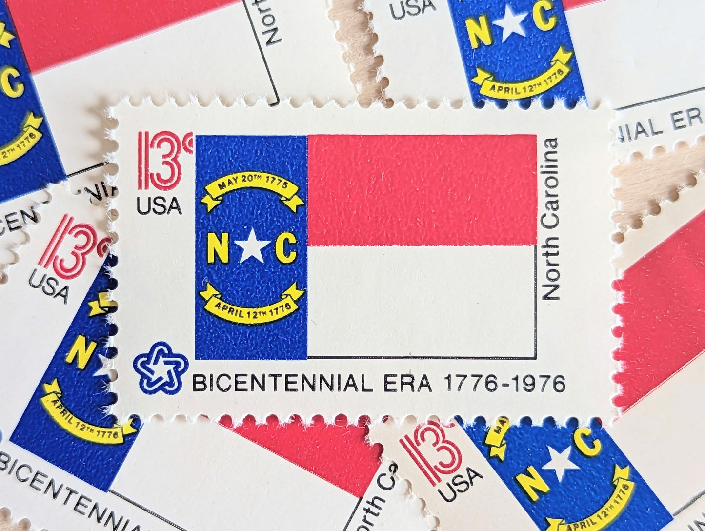 North Carolina State Flag, Set of 10, Vintage Unused USPS 13 Cent Postage Stamps, State Flags 1976, Gummed