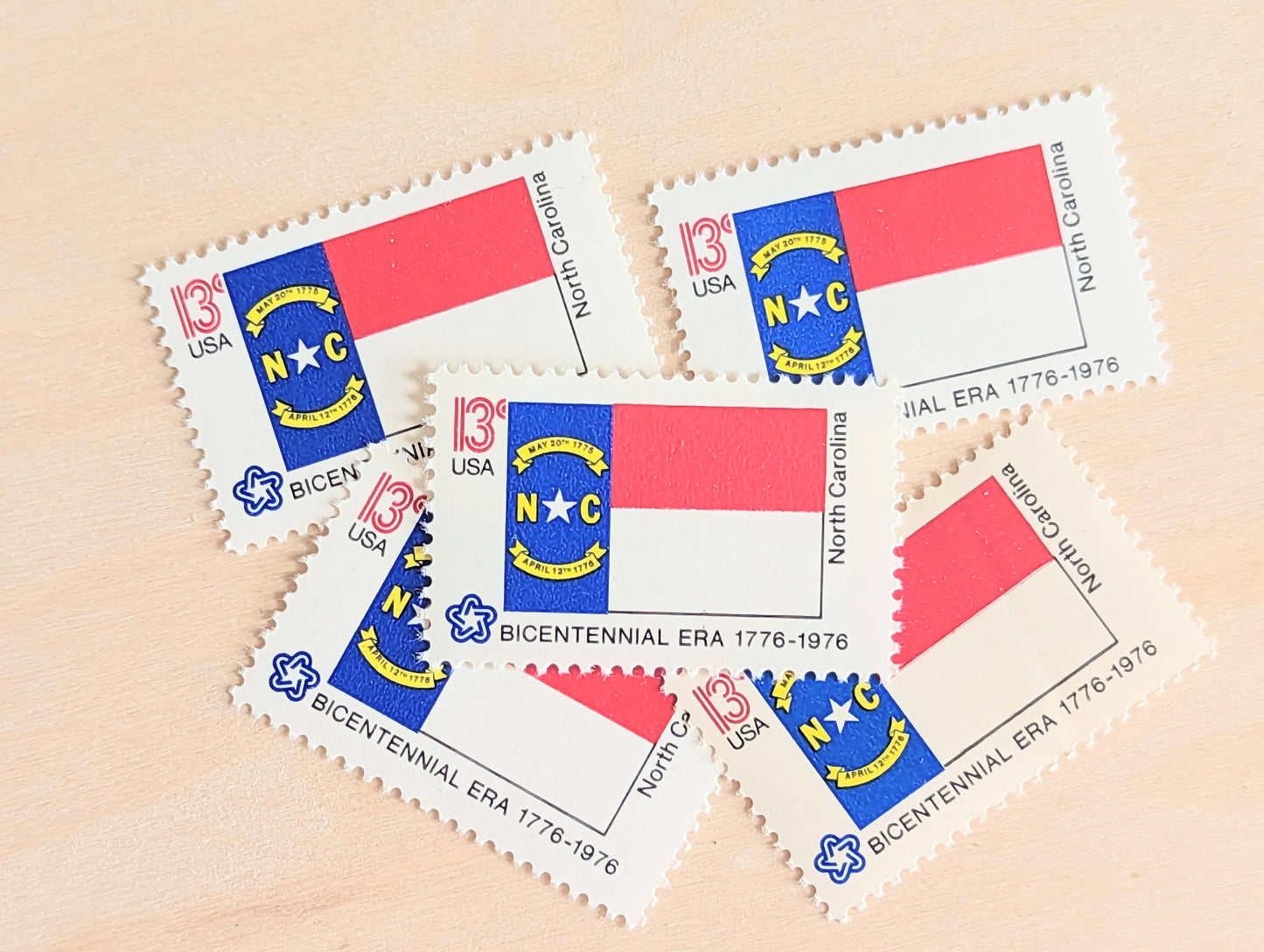 North Carolina State Flag, Set of 10, Vintage Unused USPS 13 Cent Postage Stamps, State Flags 1976, Gummed