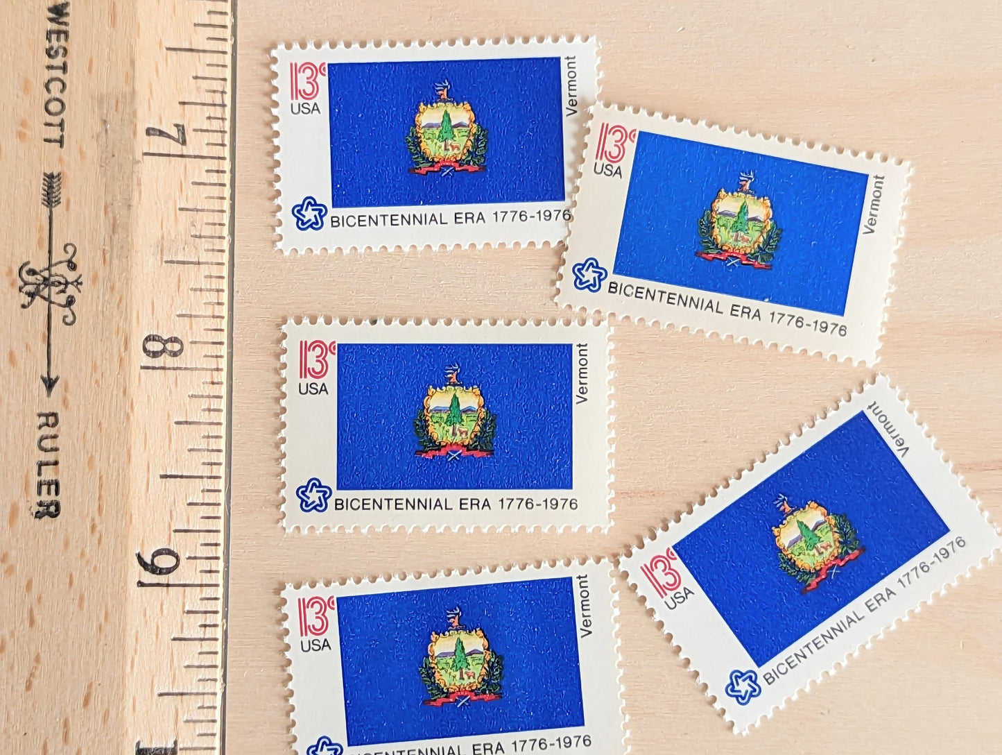 Vermont State Flag, Set of 10, Vintage Unused USPS 13 Cent Postage Stamps, State Flags 1976, Gummed