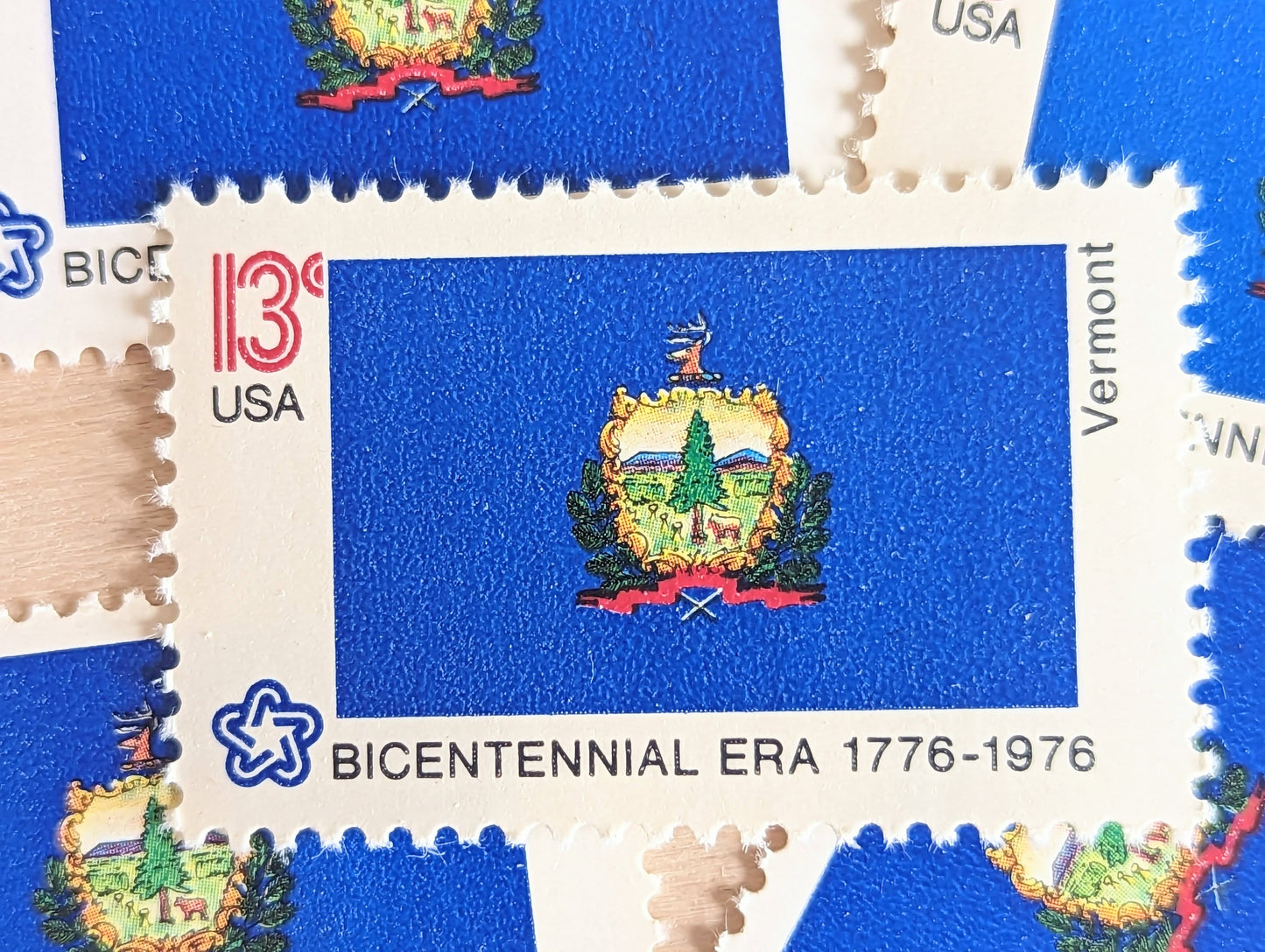 Vermont State Flag, Set of 10, Vintage Unused USPS 13 Cent Postage Stamps, State Flags 1976, Gummed