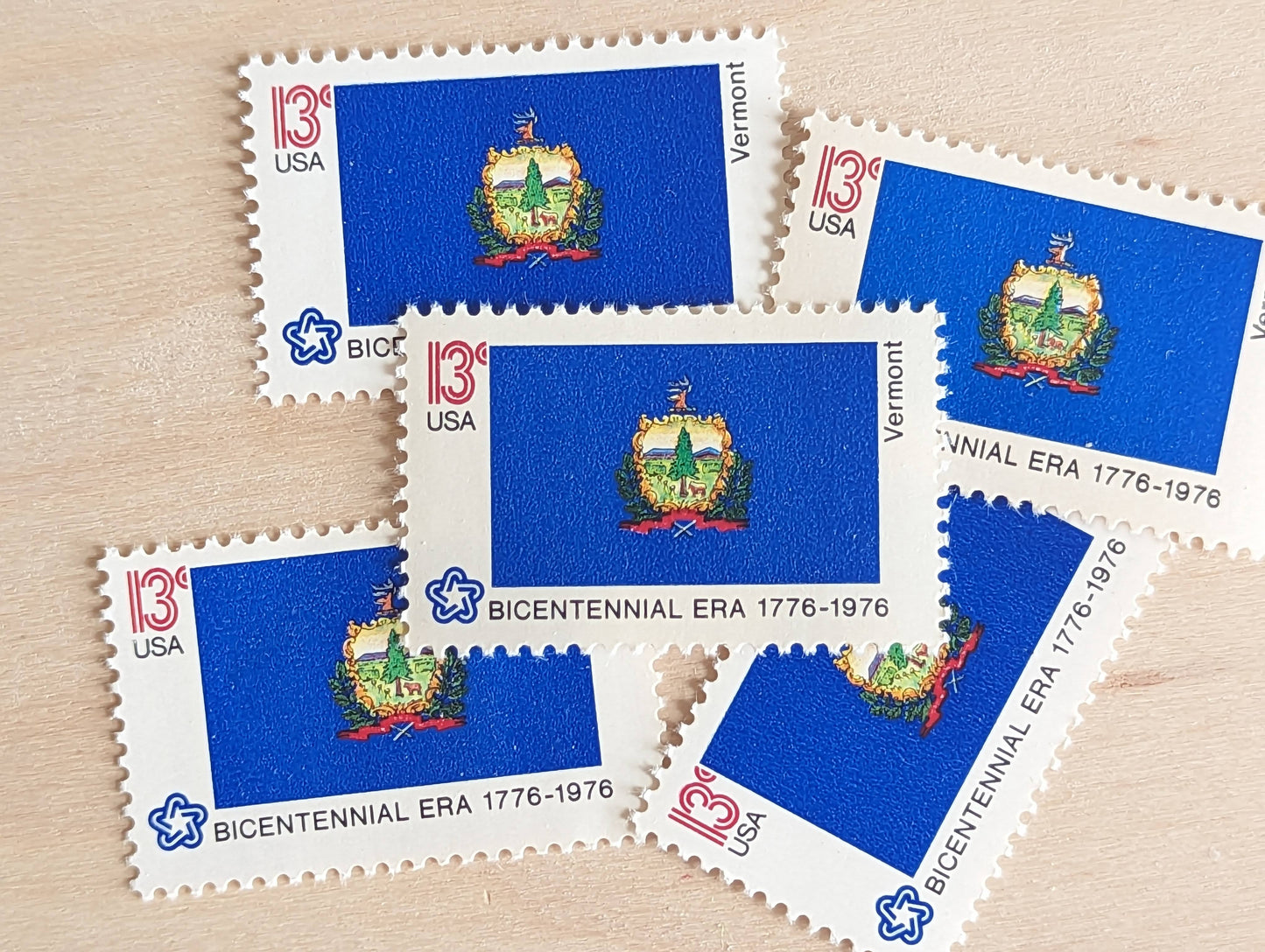 Vermont State Flag, Set of 10, Vintage Unused USPS 13 Cent Postage Stamps, State Flags 1976, Gummed